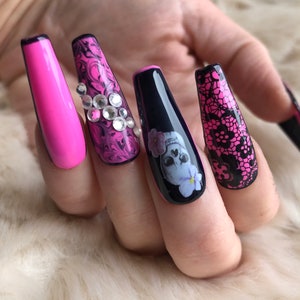 Hot Pink and Black Floral Skull gothic Press On Nails with Crystals stick ons press ons glue ons image 5