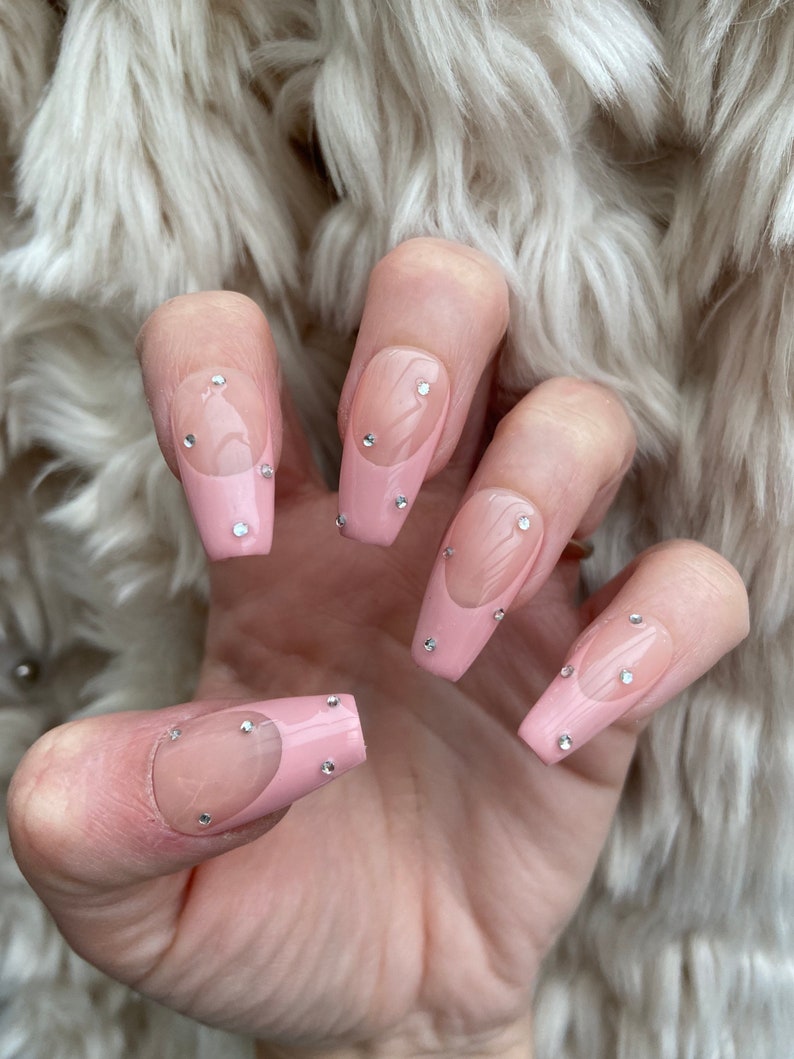 Pink French Tip Crystal Press On Nails glue on nails stick on nails fake nails false nails image 4