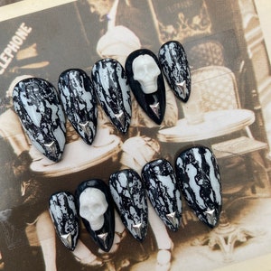 Black and white 3D skull gothic press on Nails fake nails false nails glue on nails Halloween nails image 8