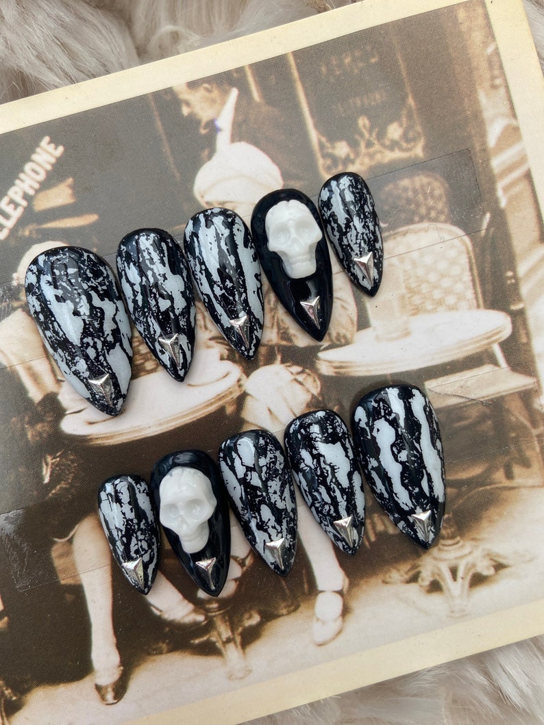 Black and white 3D skull gothic press on Nails fake nails false nails glue on nails Halloween nails image 8