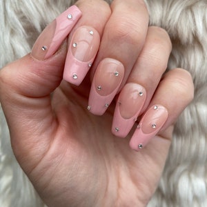 Pink French Tip Crystal Press On Nails glue on nails stick on nails fake nails false nails image 7