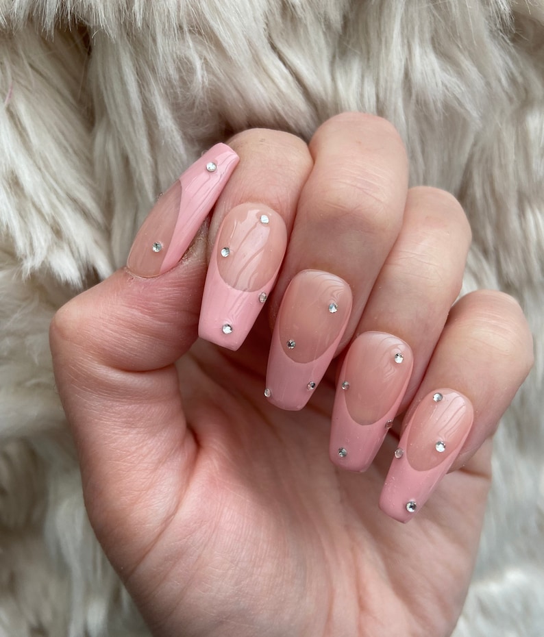 Pink French Tip Crystal Press On Nails glue on nails stick on nails fake nails false nails image 2