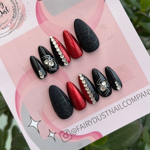 Gothic Spider Press On Nails In Red and Black with Crystals | stick on nails | false nails | glue on nails | press ons