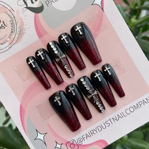 Black and Dark Glitter Red Ombre Gothic Cross  Press On Nails | glue on Nails | stick on nails |fake nails | false nails | gothic nails