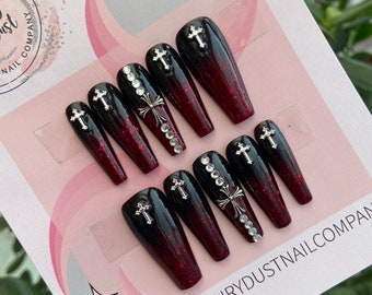 Black and Dark Glitter Red Ombre Gothic Cross  Press On Nails | glue on Nails | stick on nails |fake nails | false nails | gothic nails