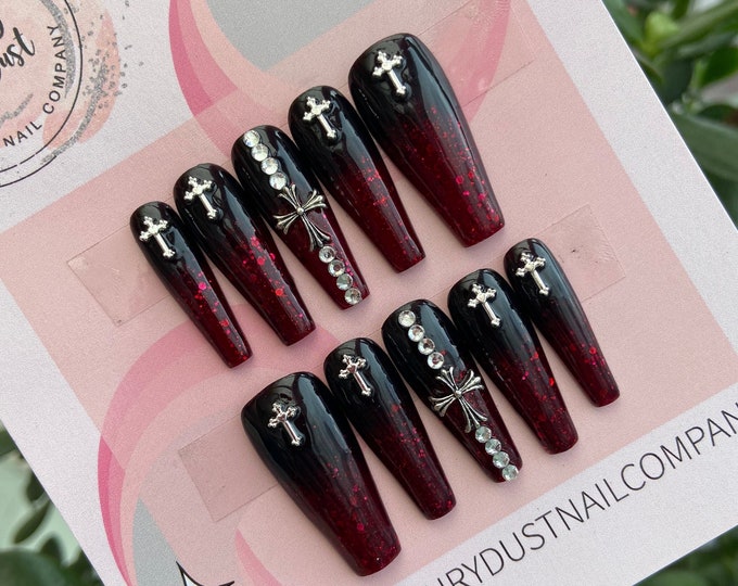 Black and Dark Glitter Red Ombre Gothic Cross  Press On Nails | glue on Nails | stick on nails |fake nails | false nails | gothic nails