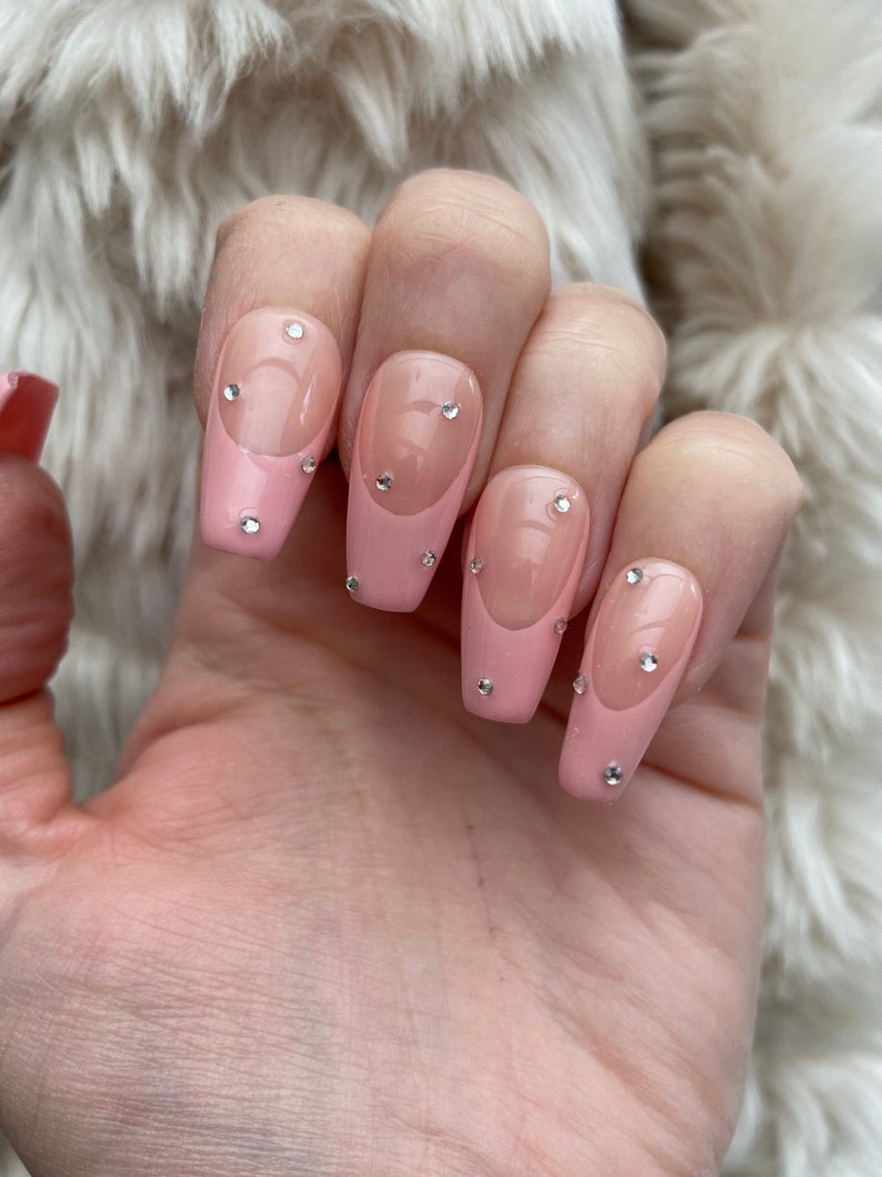 Pink French Tip Crystal Press On Nails glue on nails stick on nails fake nails false nails image 5