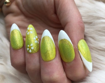 Glitter Yellow Daisy French Manicure Press On Nails | fake nails | false nails | glue on nails