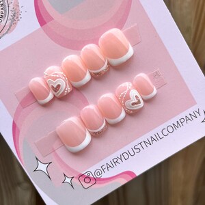 Hearts and Glitter French Tip Press On Nails | glue on nails | stick on nails | fake nails | false nails | wedding nails