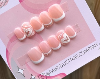Hearts and Glitter French Tip Press On Nails | glue on nails | stick on nails | fake nails | false nails | wedding nails