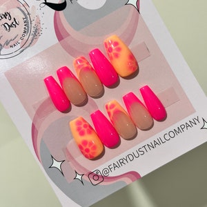 Summer Floral Coral Hot Pink French Tip Press On Nails | glue on nails | stick on nails | fake nails | false nails