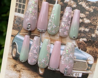 Pink and Pastel Green Butterfly Press On Nails with Swarovski Crystals | glue on nails | fake nails | false nails | stick on nails