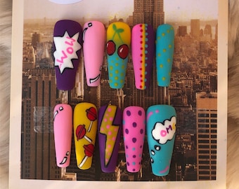 Matte Cherry Pop Art Press On Nails | stick on nails | glue on nails | fake nails | false nails