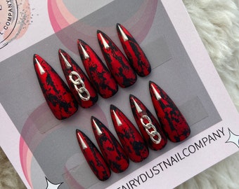 Matte Black And Red Gothic Press On Nails | Gothic Nails | stick on nails | false nails | fake nails | gothic | glue on nails