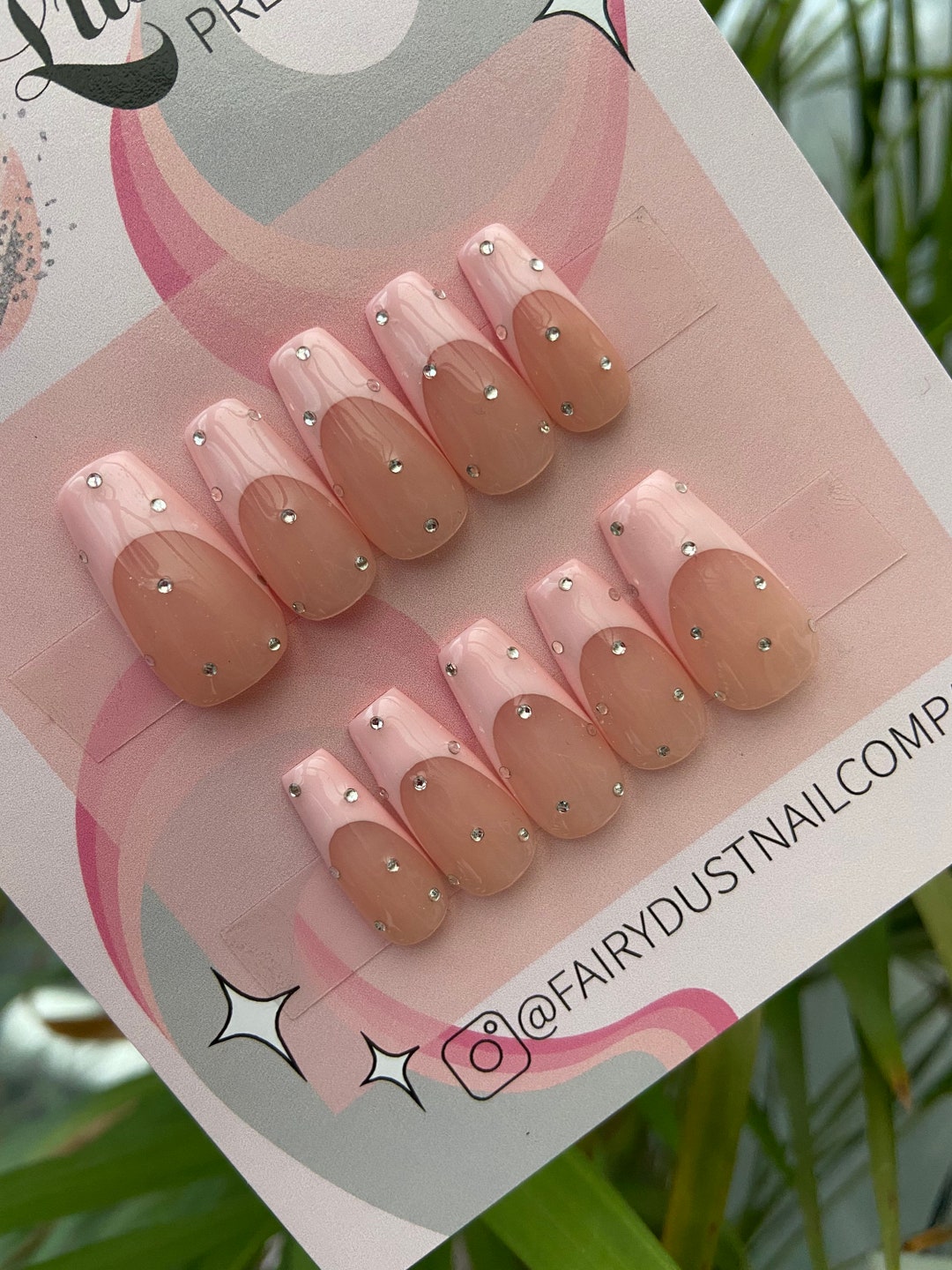 Pink French Tip Crystal Press On Nails | glue on nails | stick on nails | fake nails | false nails
