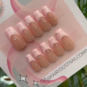 Pink French Tip Crystal Press On Nails glue on nails stick on nails fake nails false nails image 1