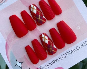 Matte Red Sweater Press On Nails | stick on nails | false nails | glue on nails | press on nails | press ons