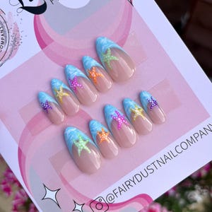 Sea Blue French Tips with rainbow starfish Press On Nails | fake nails | false nails | glue on nails | stick on nails | shell nails