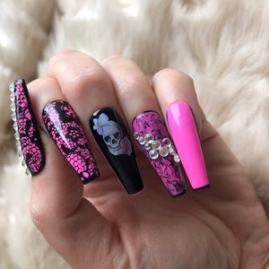 Hot Pink and Black Floral Skull gothic Press On Nails with Crystals stick ons press ons glue ons image 3