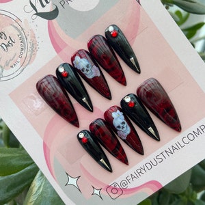 Gothic Skull and Rose Black and Red Press On Nails | stick on nails | glue on nails | false nails | fake nails | Halloween nails