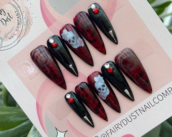Gothic Skull and Rose Black and Red Press On Nails | stick on nails | glue on nails | false nails | fake nails | Halloween nails