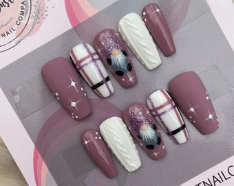 Dark Pink/Purple and White Christmas Gonk Press On Nails | fake nails | false nails | glue on nails | stick on nails | Christmas nails