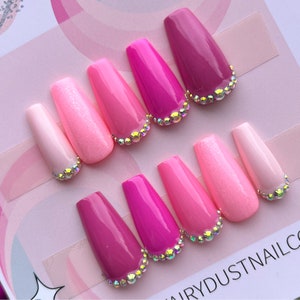 Pink Gradient Crystal Press On Nails | glue on nails | stick on nails | false nails | pink nails | pink press ons | pink nails
