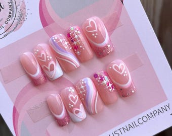 Hearts and Glitter French Tip Press On Nails | glue on nails | stick on nails | fake nails | false nails | wedding nails