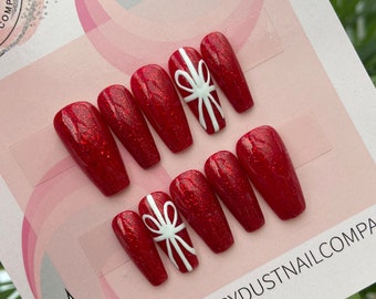 Uñas postizas con lazo navideño rojo brillante / uñas postizas / uñas postizas / uñas navideñas