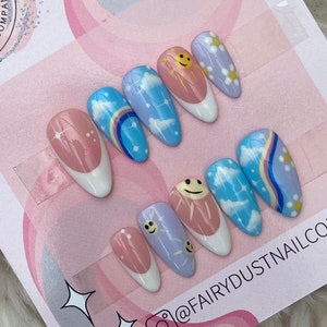 Mix and Match Quirky Summer nails | fake nails | false nails | glue on nails | stick on nails | cloud nails