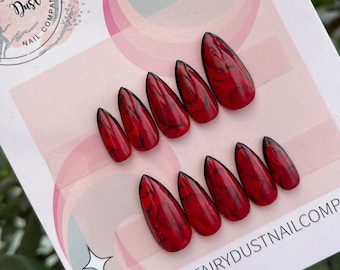 Red and Black Marble Press On Nails | Fake nails | false nails | gothic nails | glue on nails
