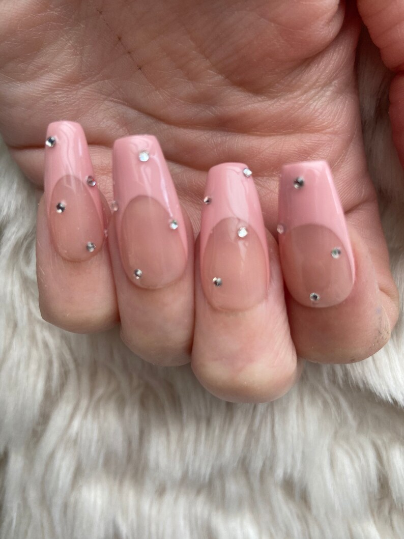 Pink French Tip Crystal Press On Nails glue on nails stick on nails fake nails false nails image 3