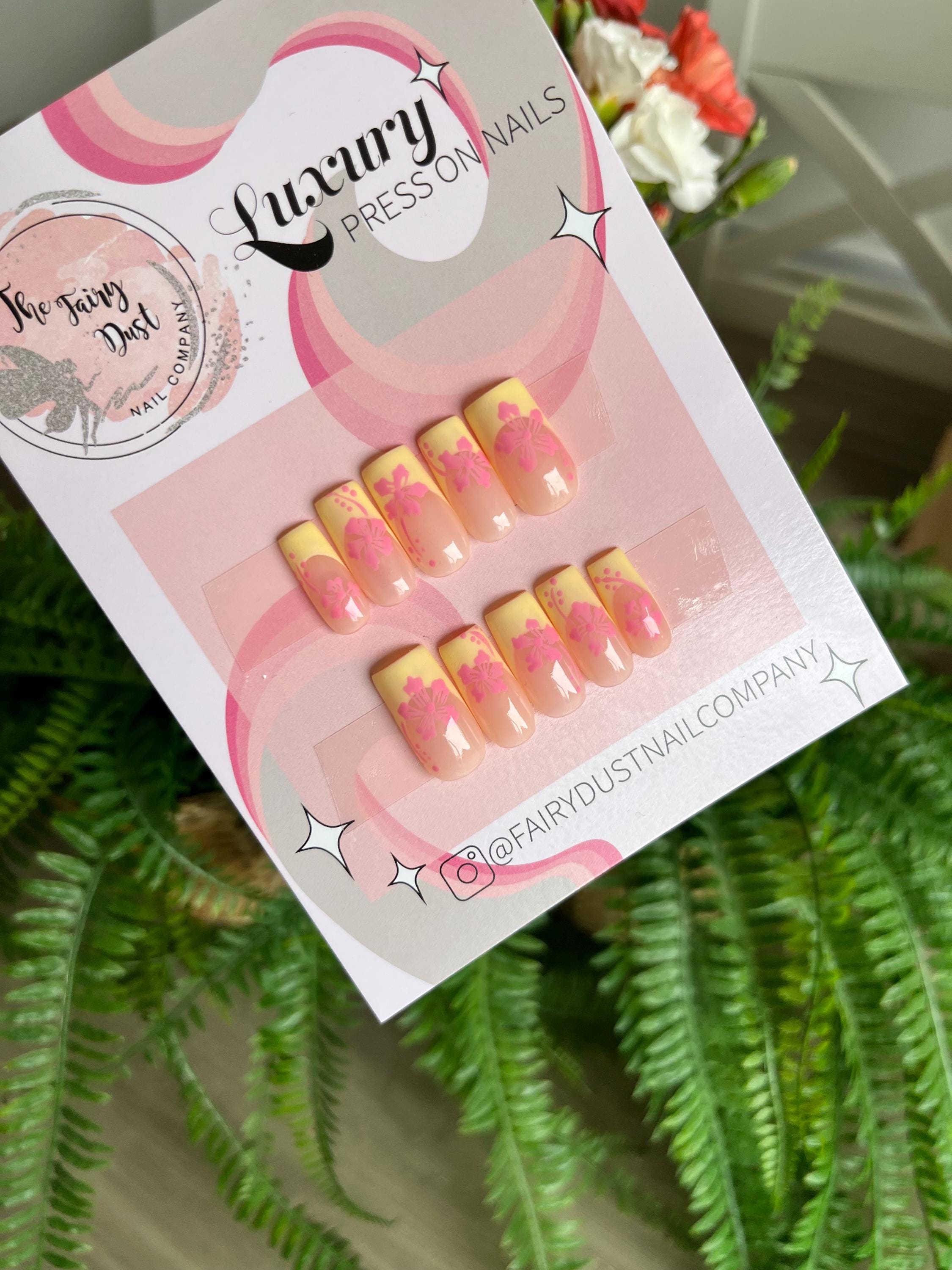 Pastel Yellow and Pink Hibiscus French Tip Press On Nails | glue on nails | stick on nails | fake nails | false nails | summer nails