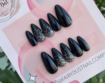 Black Glitter Fade Press On Nails | glue on nails | stick on nails | fake nails | false nails | gothic nails