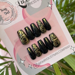 Black and Gold Rose press On Nails | fake nails | false nails | glue on nails | stick on nails