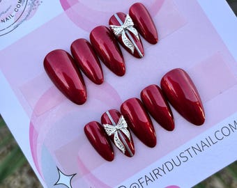 Uñas postizas con lazo navideño rojo brillante / uñas postizas / uñas postizas / uñas navideñas