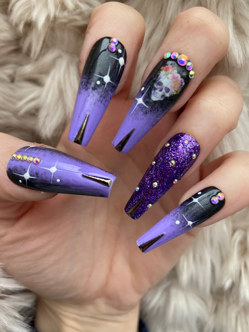 Black and Purple Ombré Skull Press On Nails fake nails false nails glue on nails stick on nails Halloween nails image 4