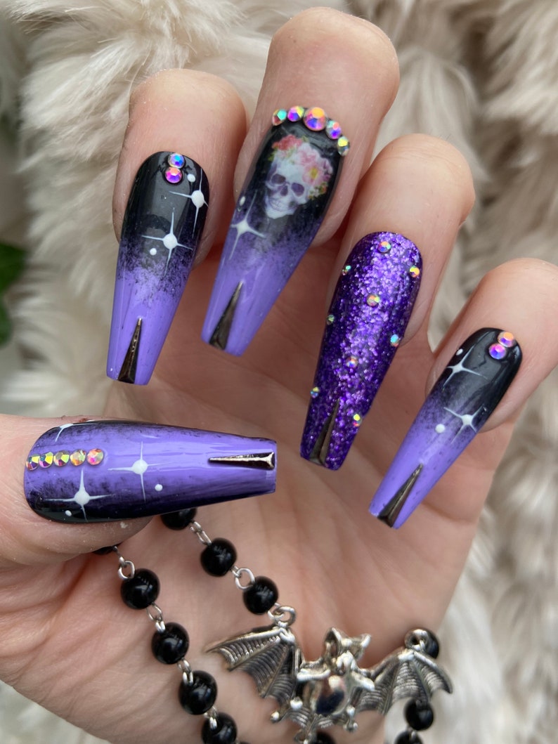 Black and Purple Ombré Skull Press On Nails fake nails false nails glue on nails stick on nails Halloween nails image 6