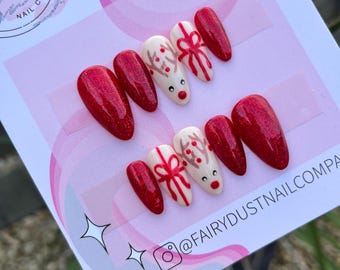 Glitter Rena Rudolph Laço de Natal Press On Nails | unhas coladas | unhas adesivas | unhas postiças | unhas postiças | unhas de Natal