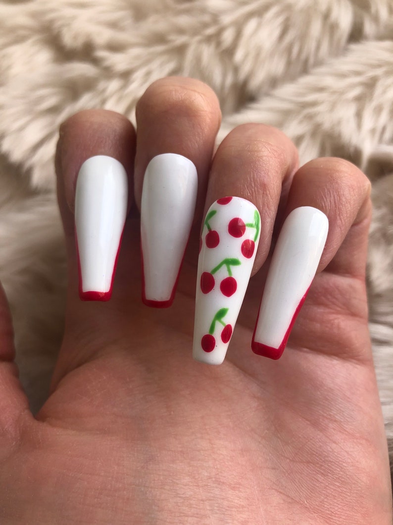 White Cherry Press On Nails False Nails fake nails glue on Nails stick on nails image 8