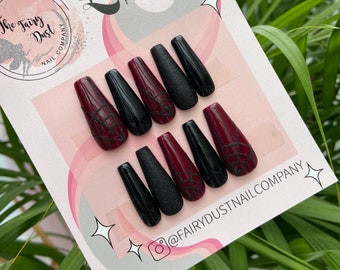 Dark Red and Black Spider Web Press On Nails | fake nails | false nails | glue on nails | gothic nails
