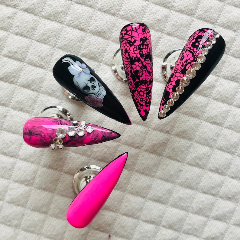 Hot Pink and Black Floral Skull gothic Press On Nails with Crystals stick ons press ons glue ons image 6