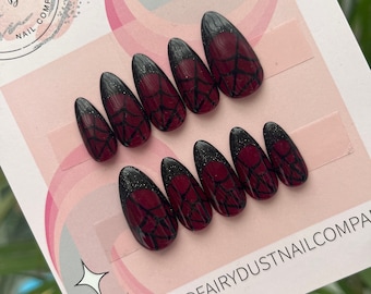 Dark Red and Black Spider Web Light Reflective French Manicure Press On Nails | gothic nails | stick on nails | glue on nails | Halloween