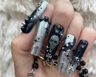 Silver and Black Skull and Gothic Cross Press On Nails | fake nails | false nails | glue on nails | stick on nails | Halloween nails | goth