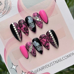 Hot Pink and Black Floral Skull gothic Press On Nails with Crystals | stick ons | press ons | glue ons