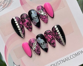 Hot Pink and Black Floral Skull gothic Press On Nails with Crystals | stick ons | press ons | glue ons