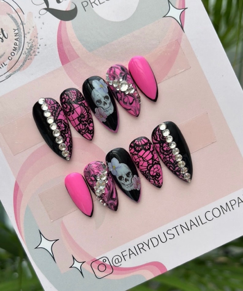 Hot Pink and Black Floral Skull gothic Press On Nails with Crystals stick ons press ons glue ons image 1