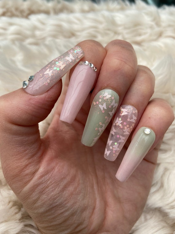 Wisp  Pink Stiletto Crystal Butterfly Nails