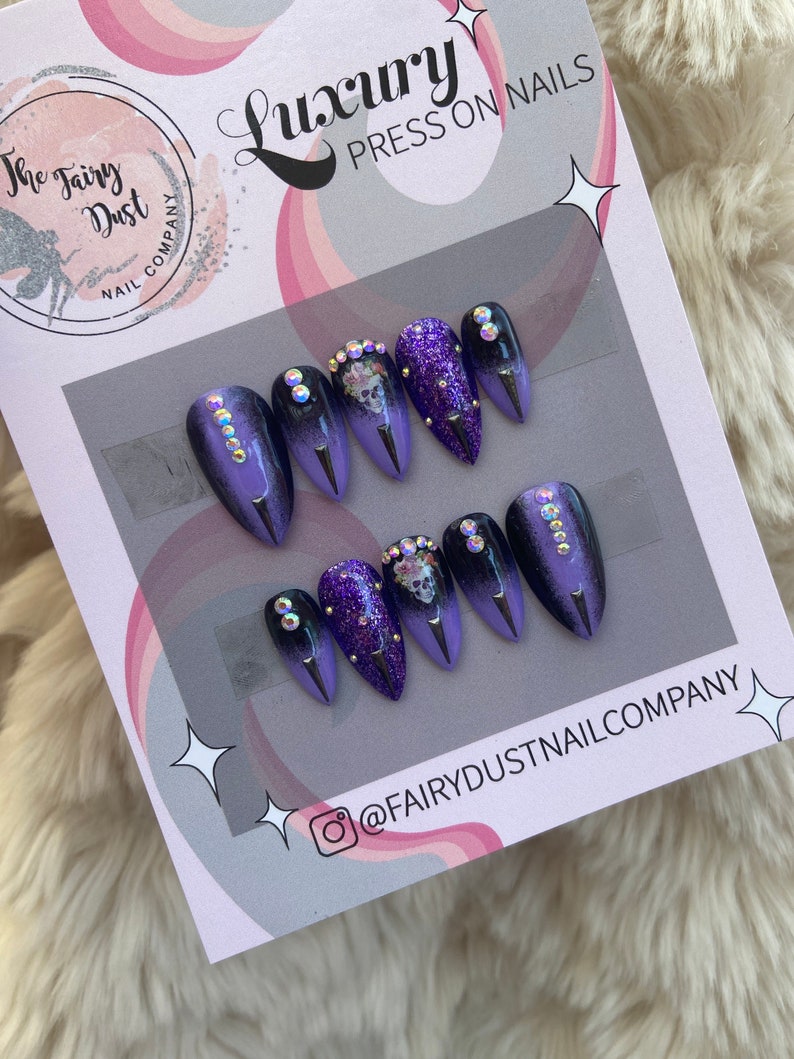 Black and Purple Ombré Skull Press On Nails fake nails false nails glue on nails stick on nails Halloween nails image 8