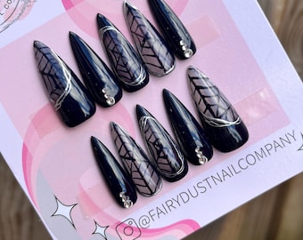 Black and Chrome Spider Web Press on Nails | Halloween nails | glue on nails fake nails | false nails | stick on nails | gothic nails